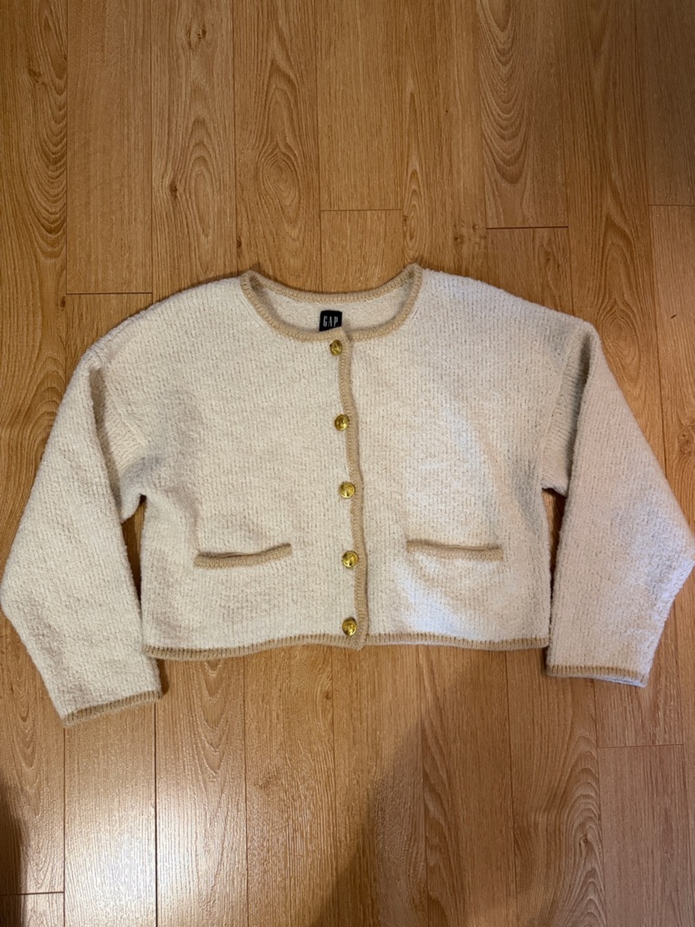 GAP Cream Boxy Cropped Cardigan with Gold Buttons